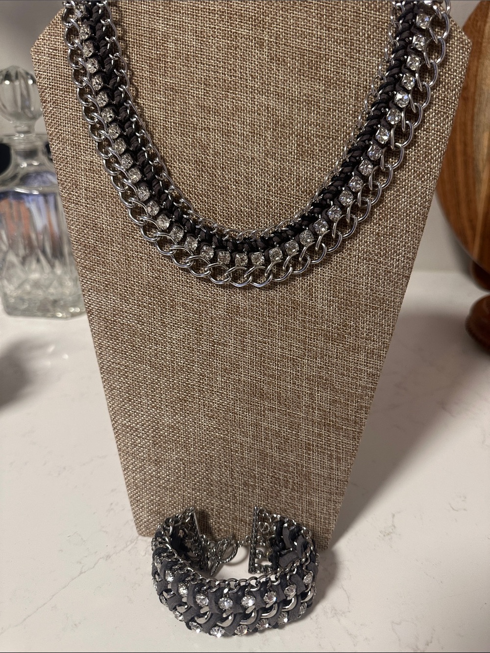 Premier Designs Silver and Black Rhinestone Chain Necklace and Bracelet Set